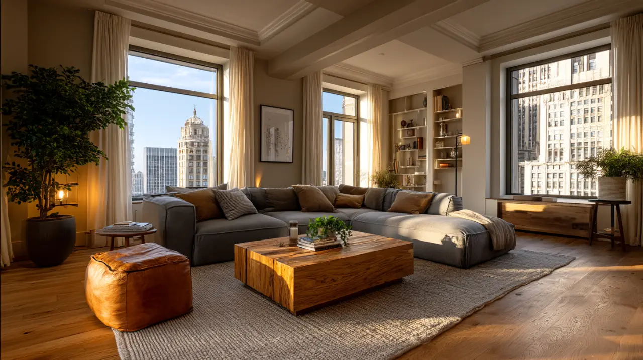 Finished New York living room with wood flooring, painted walls and full-length curtains, seen against the skyline