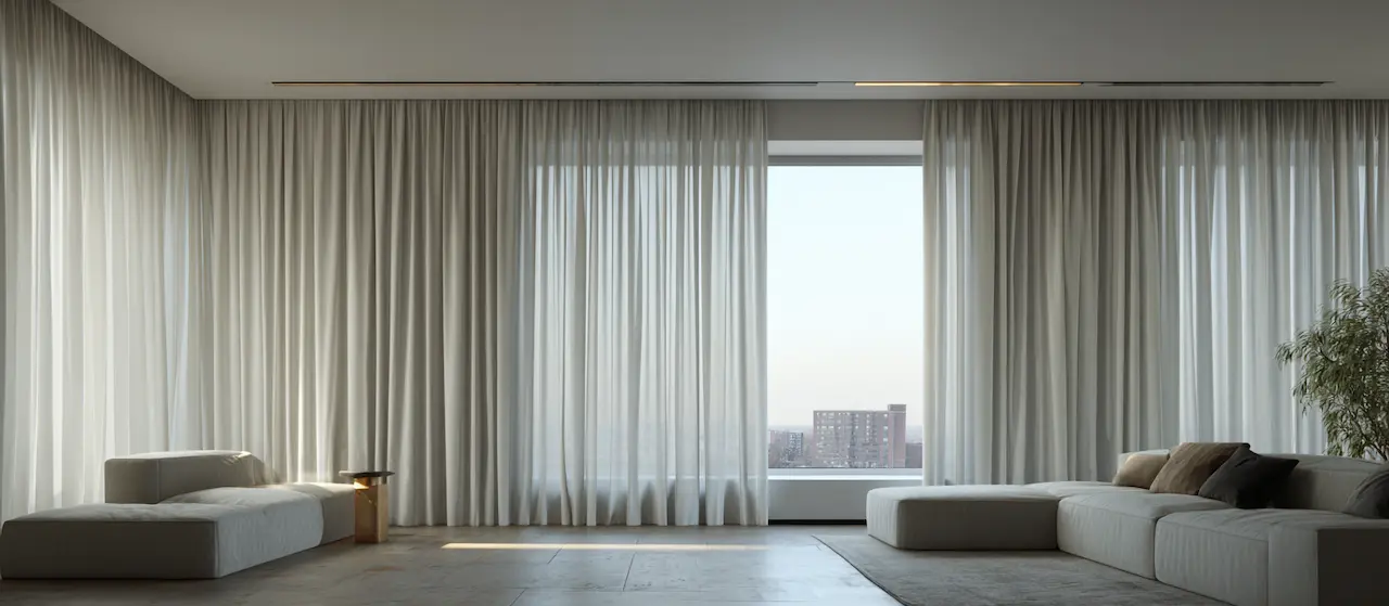 Floor-length sheer curtains hanging in even waves across a full window wall
