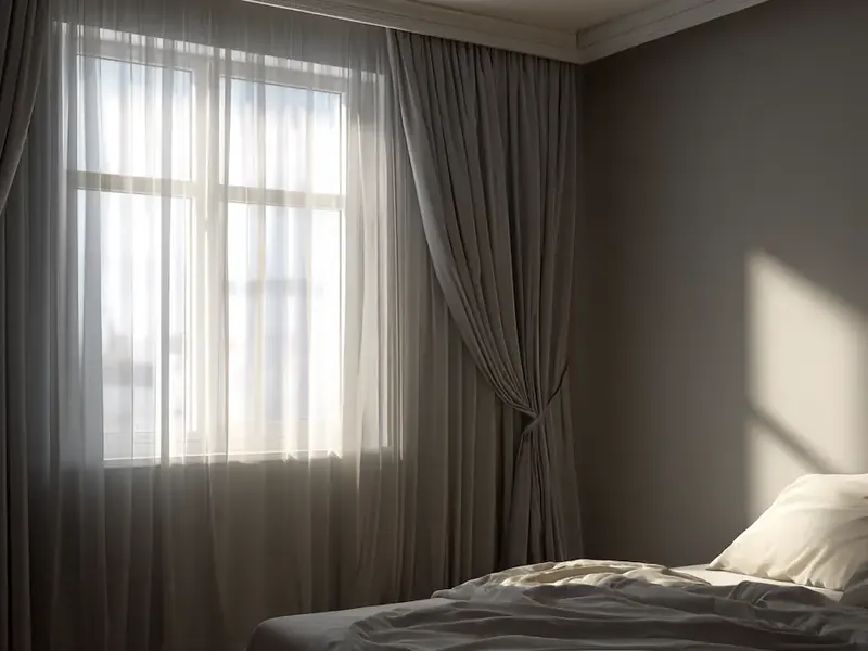 Bedroom window with a sheer layer and a heavier side curtain hung from a single track