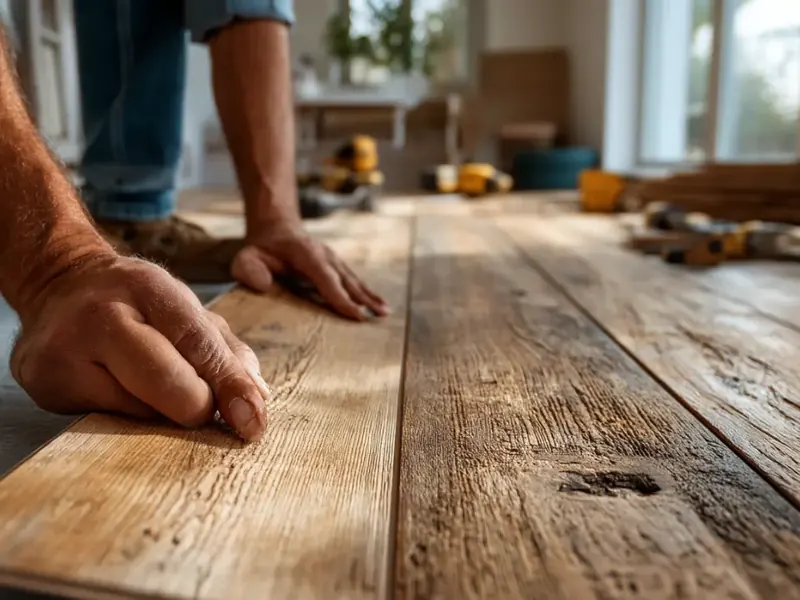 Installer pressing a wide reclaimed-look plank into place during a floor installation, with tools and offcuts alongside