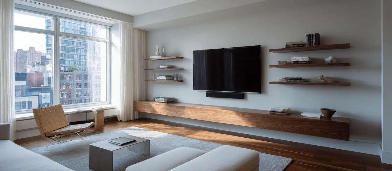 Long low console and floating shelves installed level along a New York living room wall