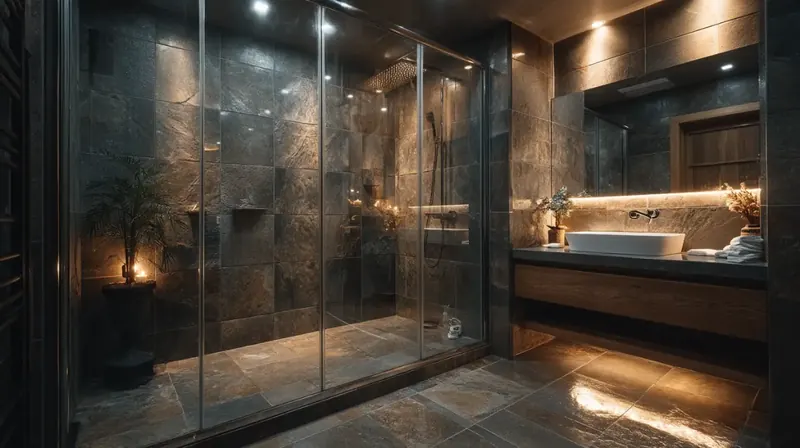 Dark stone-tiled walk-in shower and vanity in a New York bathroom