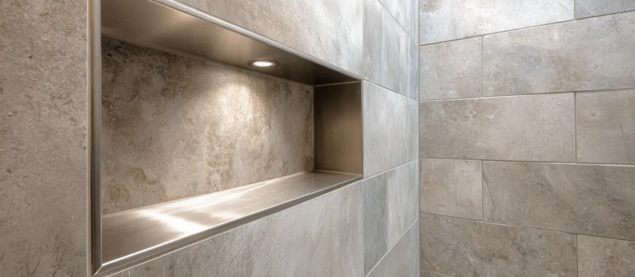 Large-format stone-look tile with a lit recessed niche in a New York bathroom